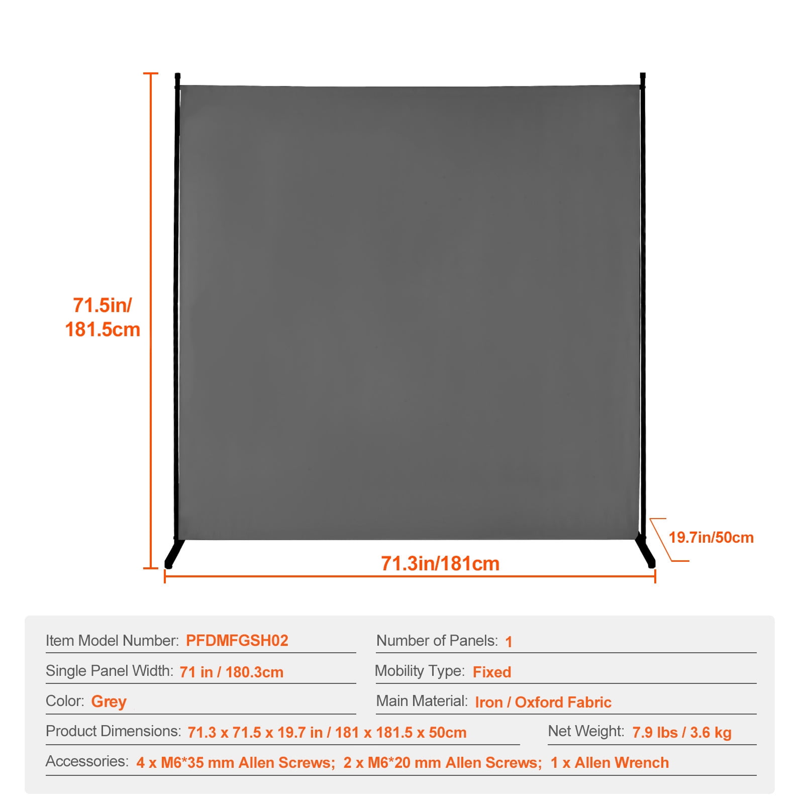 KFFKFF 6FT Room Divider, One-Panel Fabric Privacy Barrier, Segregation Partition for Rooms,  Workspace, Sleeping Area, Grey