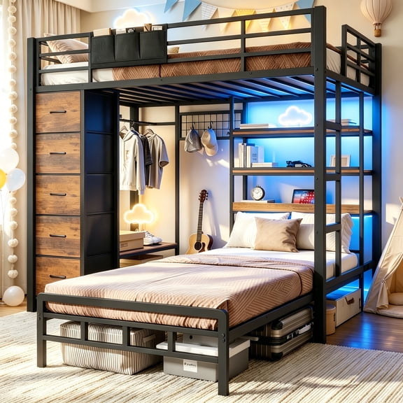 Bunk Bed Twin Over Twin with Storage Drawers & LED Shelves and Hall Tree Full-length Guardrail & Ladder Black Space Saving Furniture