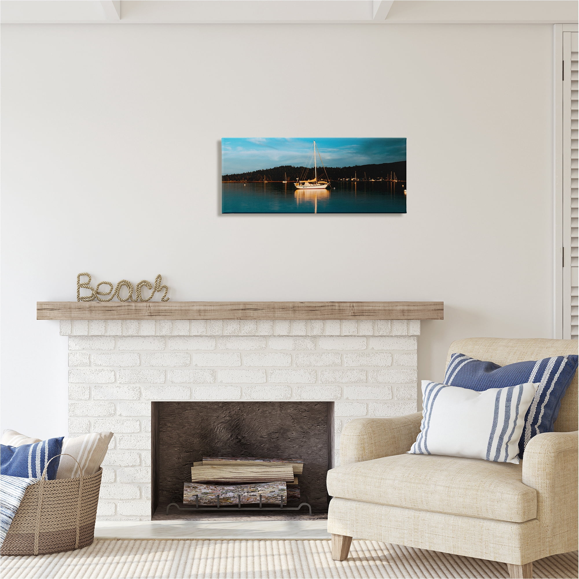 Stupell Industries Boat Lights at Night Landscape Photography Gallery Wrapped Canvas Art Print Wall Art, 30 x 13