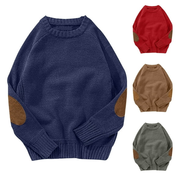 Miluxas Mens Sweater Military Cable Knit Crewneck Vintage Long Sleeve Pulllover Sweaters with Suede Patchwork Red