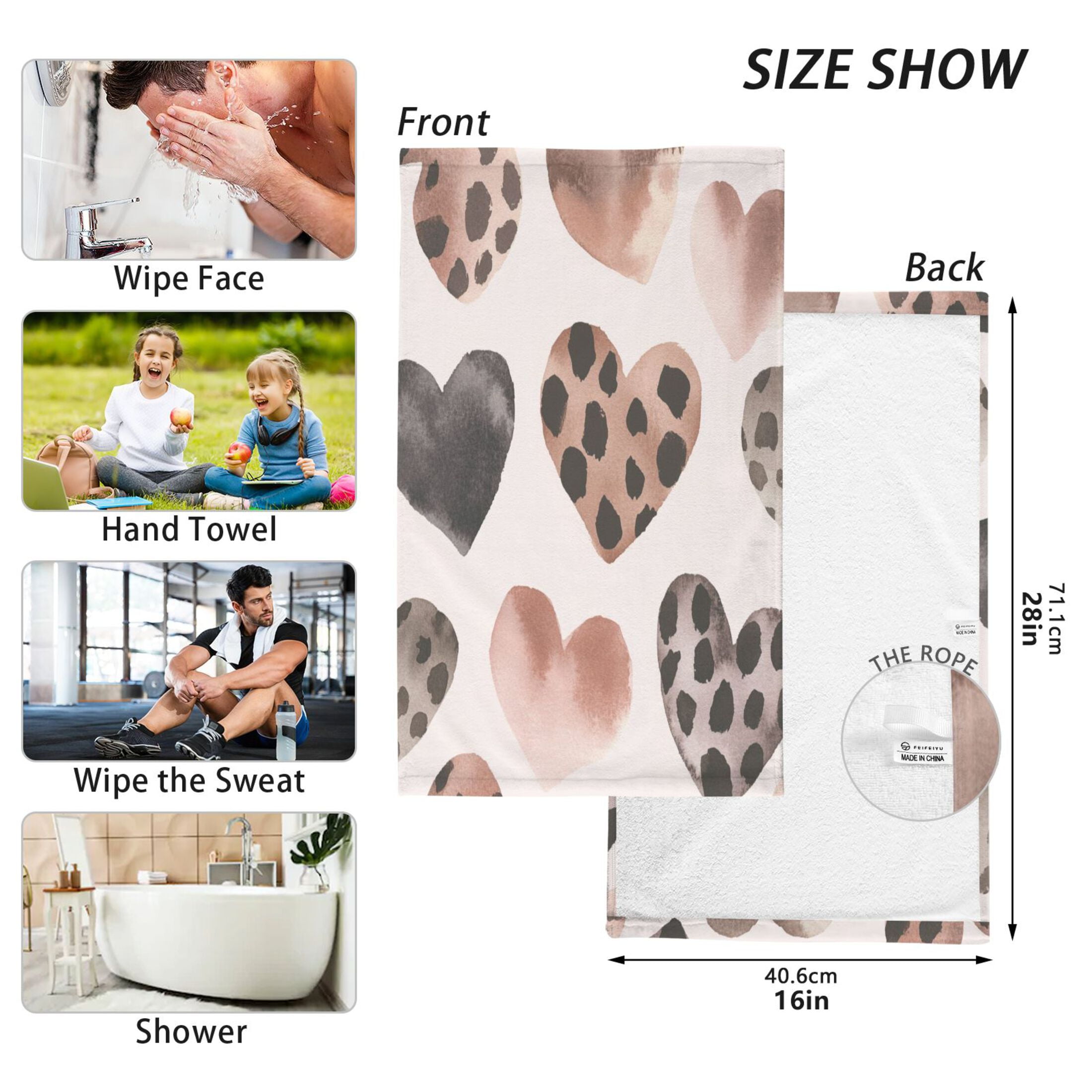 Cotton Towel Two-Piece 16x28 Inch One Sizex2 Face Towel Set Towel Set Cotton Hand Bath Towel Bathroom Beach Super Cute Black Heart