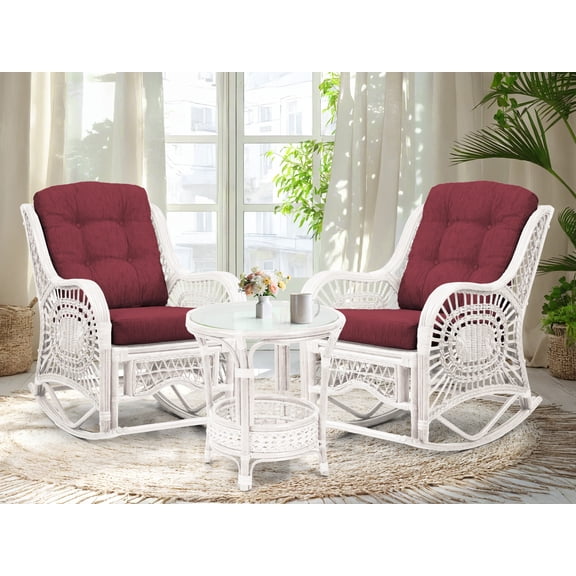 Malibu Handmade Natural Rattan Living Room Set of Round Coffee Table with glass and 2 Rocking Lounge Chairs with Dark Brown Cushions, White Wash Color