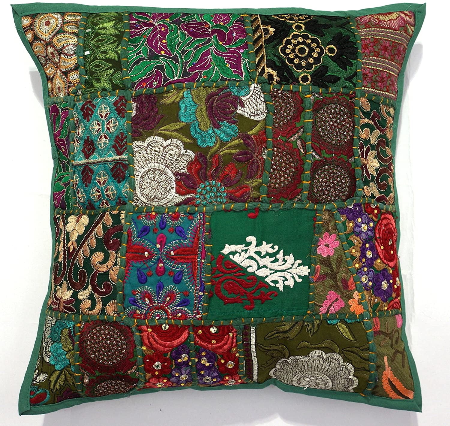 Indian Bohemian Decorative Sofa Throw Pillow Cover 16 Inch Cotton Patchwork Geometric Indian Square Couch Cushion Cover (Size - 40x40 cm ; Color: Green )