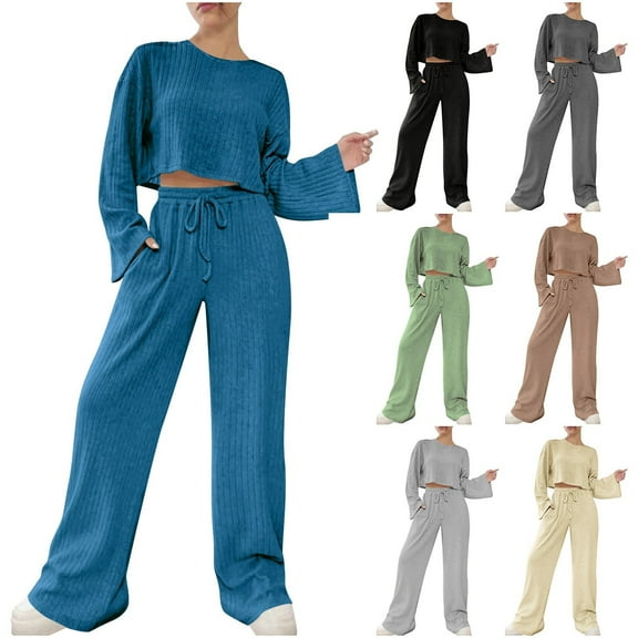Bixock Women Fall and Winter Outfit Set,Women Two-piece Set,Women Fall and Winter Outfit Set Striped Knit Round Neck Long Sleeve Top and Pants Loungewear Set