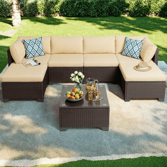 Lofka 7 Pieces Outdoor Furniture Set with Rattan Seating Sofa Set for 6 with Tempered Glass Table for Patio, Garden & Backyard, Beige