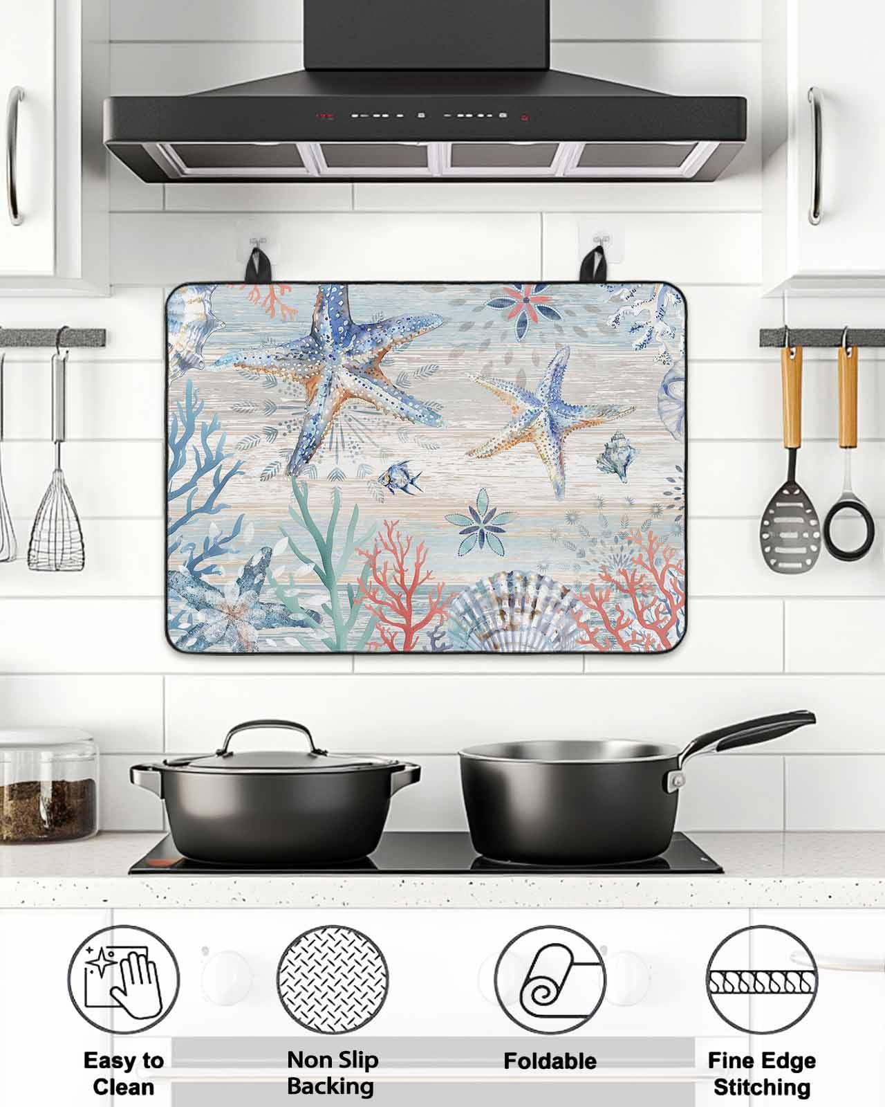 Stove Top Covers for Electric Stove, Coastal Starfish Glass Stovetop Cover Protector, Blue Nautical Coral Seashell Wooden Induction Cooktop Protector Oven Mat for Kitchen Countertop 24"x21"