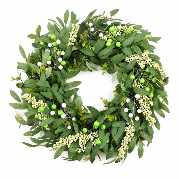 20 Inch Artificial Green Eucalyptus Wreath, Fabric and Plastic Summer Door Decor for Front Door, Indoor Outdoor Farmhouse Style