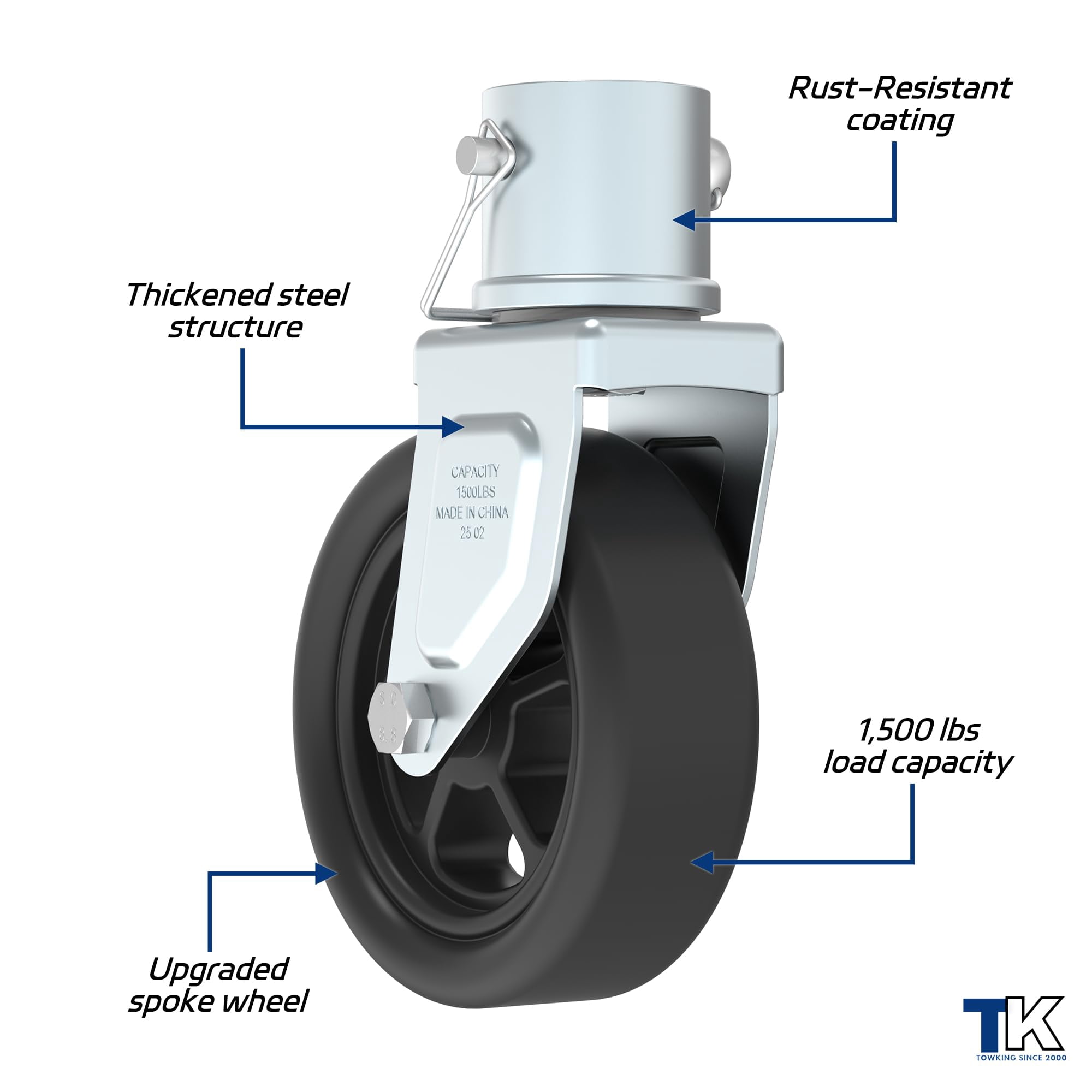 TOWKING 1500lbs 6" Trailer Jack Swivel Caster Replacement with Upgraded Spoked Wheel and Pin, Silver