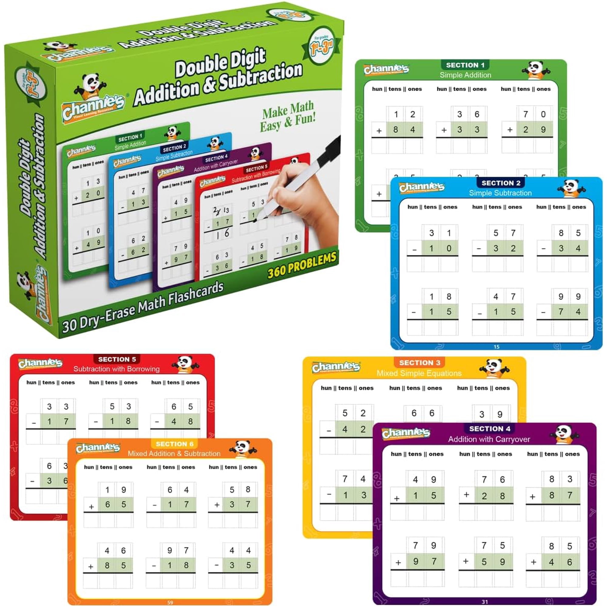 Channie's Double Digit Addition and Subtraction Flash Cards, 360 Two-Digit Math Problems, 30 Count