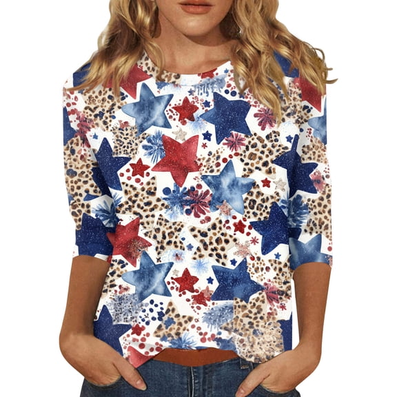 Women's 250th Anniversary USA Shirt Patriotic American Flag Print Crew Neck 3/4 Sleeve T-Shirt