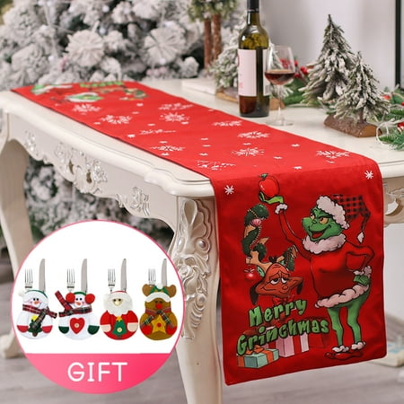 

Christmas Table Runner 72 Inches Long Seasonal Winter Christmas Xmas Holiday Gr1nch Table Decoration + 4Set Tableware