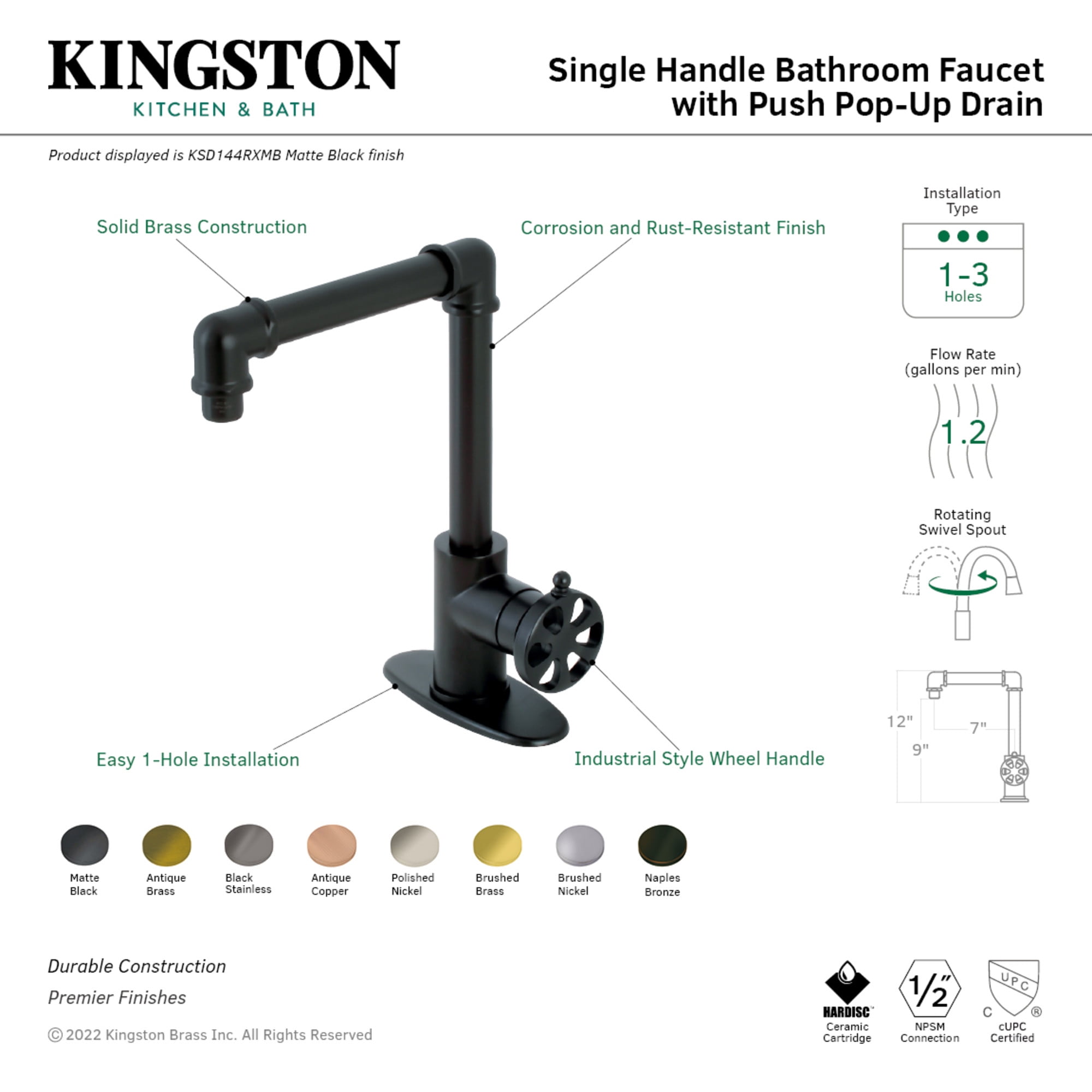 Kingston Brass KSD144RXBB Belknap One-Handle Single-Hole Bathroom Faucet with Deck Plate and Push Pop-Up Drain, Brushed Brass