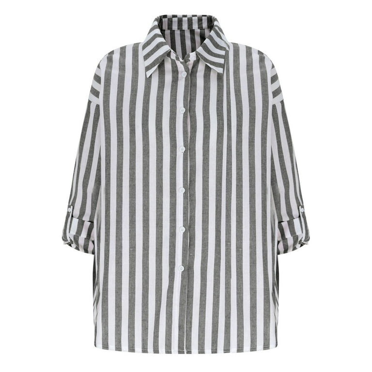 Womens Linen Striped Shirt Button Down Plus Size Casual Rolled