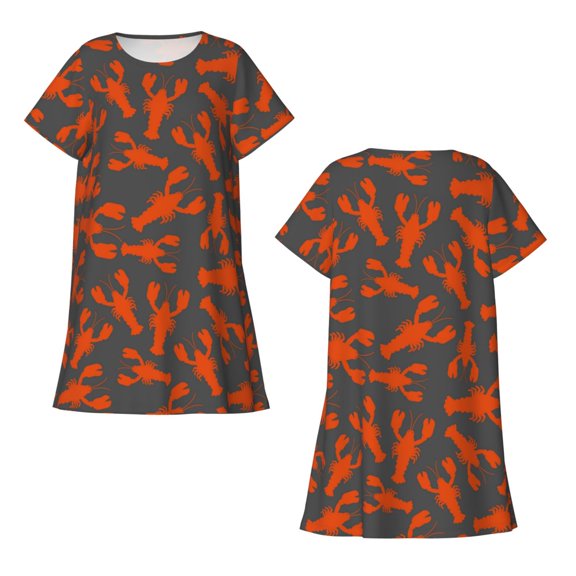 Horeoi Crayfish Print Women's Short-sleeved Nightdress Breathable Cotton-like Material Loose A-line Knee-length