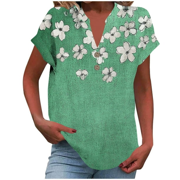Vestidos Casuales Para Mujer, Blusas De Mujer De Moda Camiseta informal de manga corta con cuello en V y botones para mujer