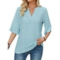 thumbnail image 3 of Hibeli Women V Neck Quarter Sleeve Hollow Out Solid Color Pullover Top, 3 of 7