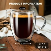 Baalaka 12oz Double Wall Insulated Borosilicate Glass Mugs Set of 2, for Coffee, Cappuccino, Latte, Kitchen & Travel