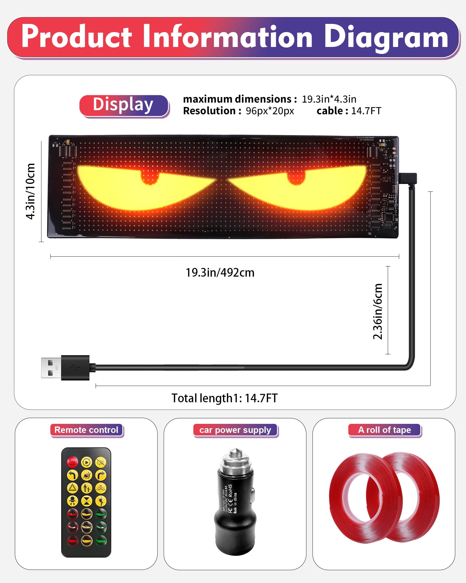 2PC Devil Eyes LED Light Strips for Cars/Trucks/SUVs - 19.3"x4.3" Customizable Windshield Decoration with App Control, IP68 Waterproof, USB-Powered