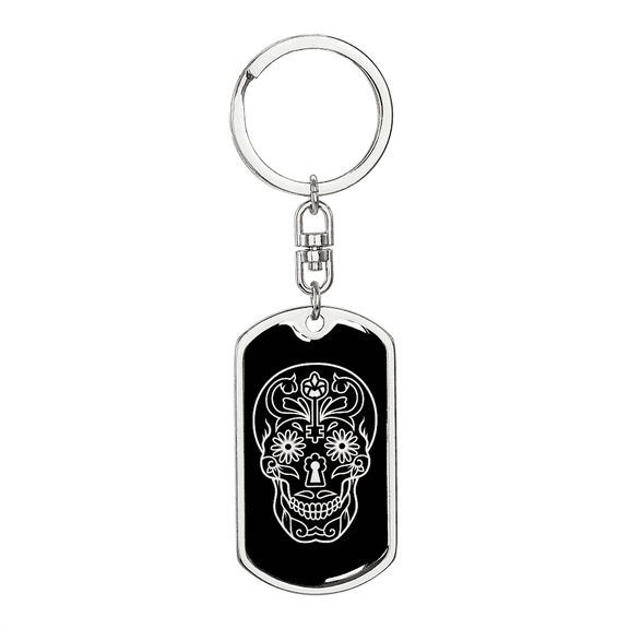 Calavera Mexican Sugar Skull 14 Stainless Steel or 18k Gold Premium Swivel Dog Tag Keychain