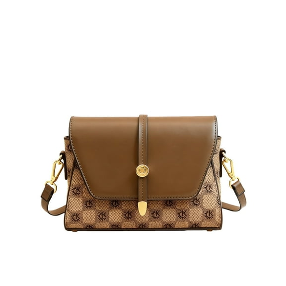 Genuine Leather Ladies Small Square Bag, Light Luxury Retro Plaid Print with Removable Strap - Crossbody & Shoulder Bag Khaki