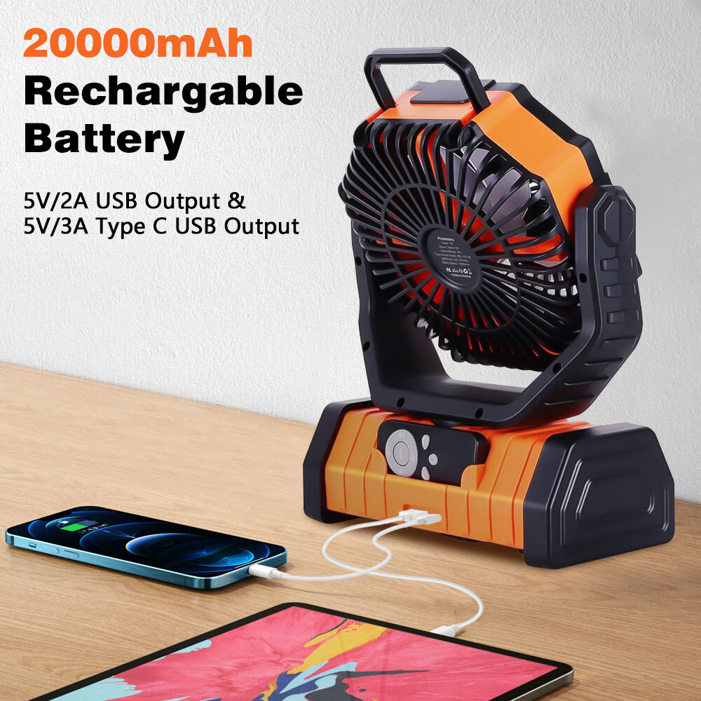Camping Fan, Kepeak 20000mAh Rechargeable Personal Fan with Remote, Light, and Hook for Travel, Camping, Tent, Office - Orange