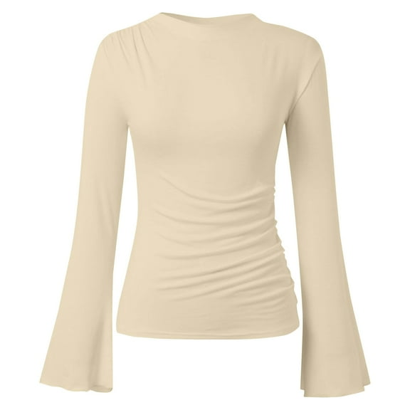 ManxiVoo Ribbed Boat Neck Bell Sleeve Top for Women Long Sleeve Ruched Detail Y2K Inspired Going Out Tops 2025 Trendy Casual Wear L Size Beige