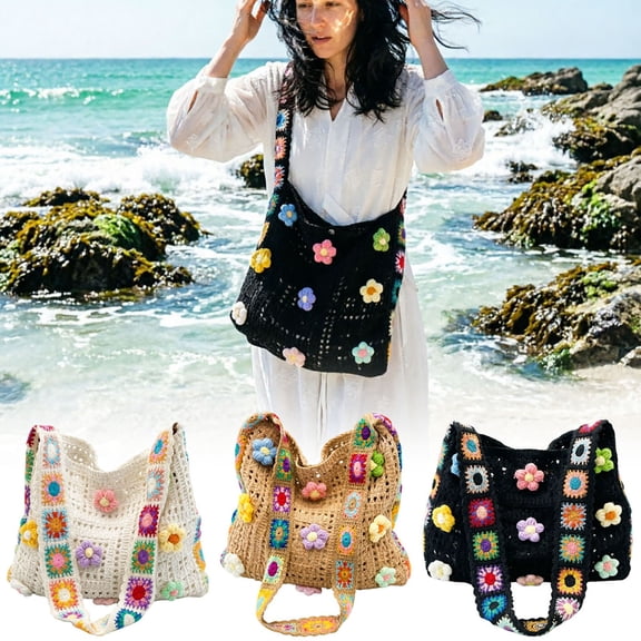 CAIXIA Crossbody Sling Bags For Women Knitted Crossbody Messenger Purse With Colorful Floral Embroidery Woven Shoulder Strap, Granny Square Design Daily Bag