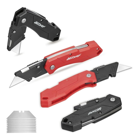 Becowin Folding Box Cutter Knife: 4-Pack Light Weight Plastic Utility Knife with 10PCS SK5 Quick Change Razor Blades - Pocket Box Opener Safey Knives - Gifts for Men Cardboard, Cartons, Rope Cutting