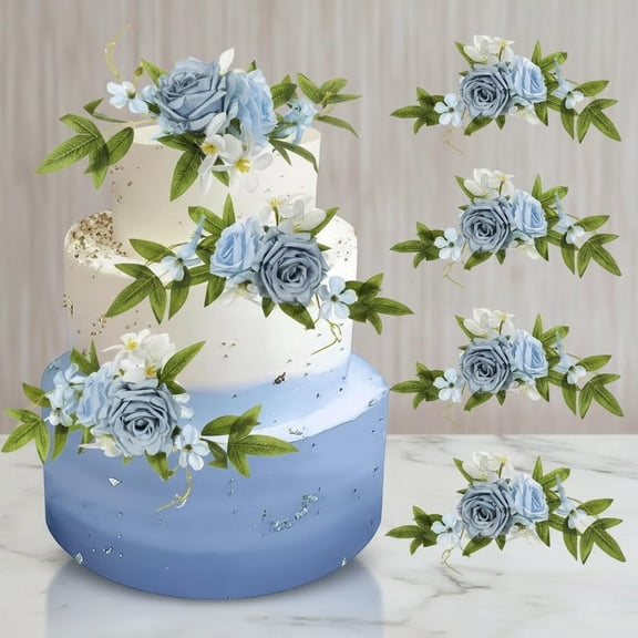 Artificial Blue Flowers Wedding Cake Topper, Fake Floral Cake Decorations For Wedding Birthday Cake, Engagement Anniversary Party Supplies