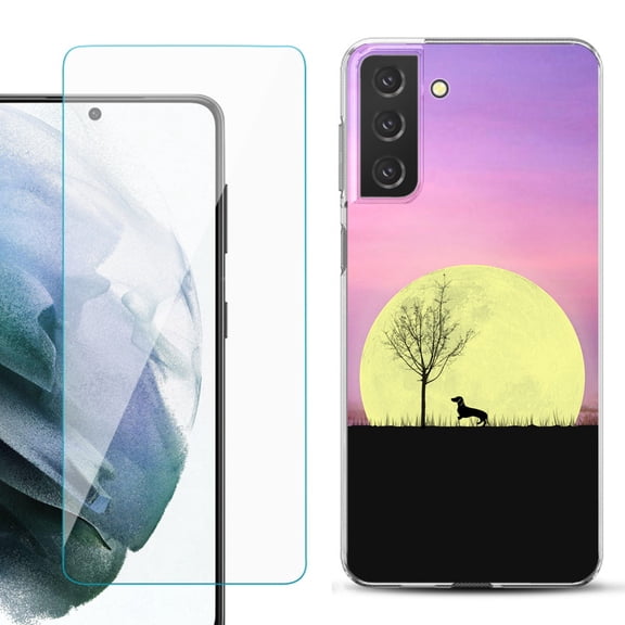 Slim-Fit TPU Fashion Phone Case for Samsung Galaxy S21 FE 5G Fan Edition, with Tempered Glass Screen Protector, by OneToughShield ® - Moonlight Dachshund