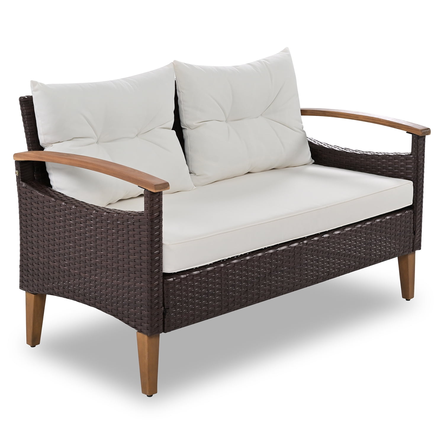 Kadyn 4-Piece Patio Seating Set, Wicker Garden Furniture with Wood Table and Legs, PE Rattan Outdoor Sofa Set for Balcony, Beige Kadyn 4-Piece Patio Seating Set, Wicker Garden Furniture with Wood Table and Legs, PE Rattan Outdoor Sofa Set for Balcony, Beige