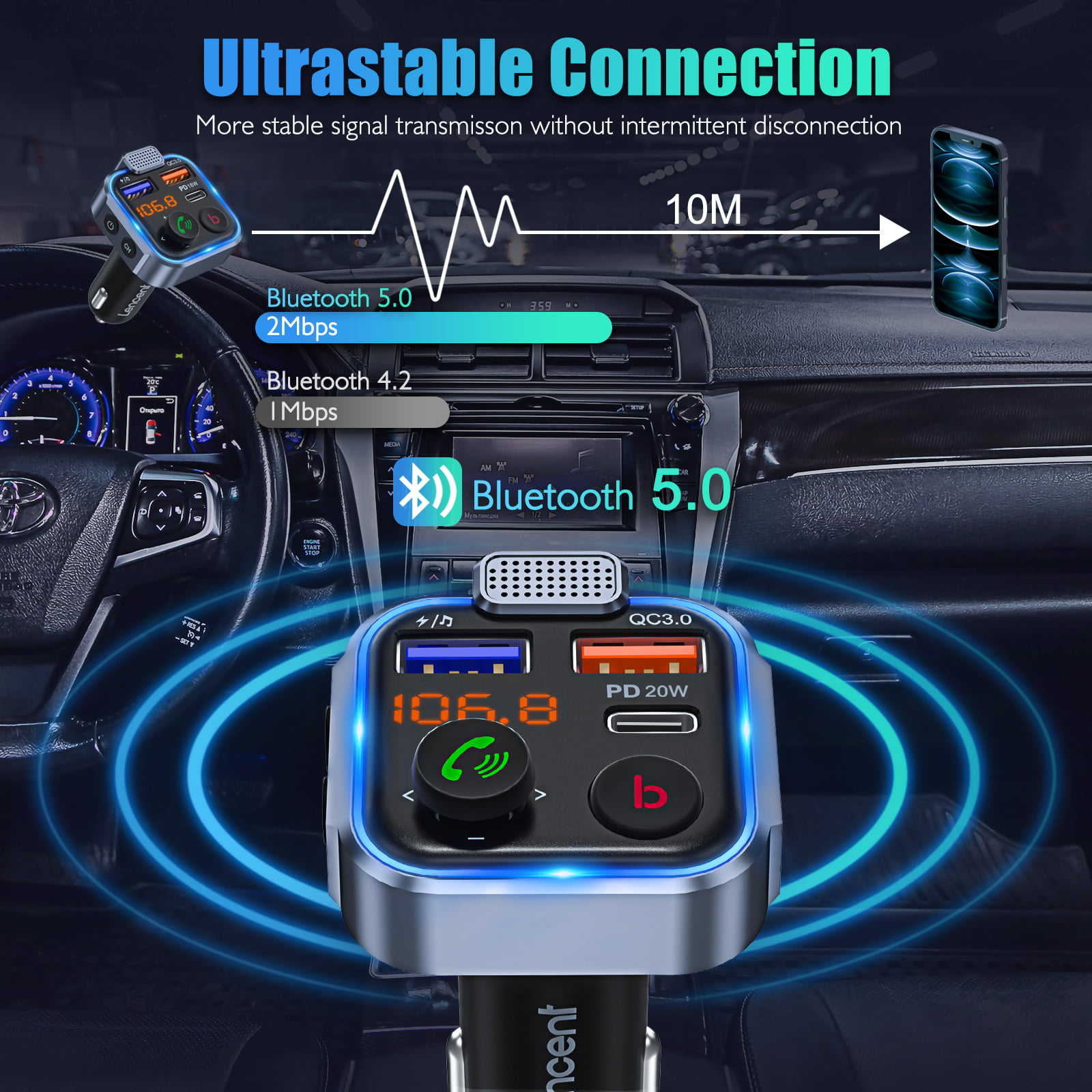 Transmetteur FM Bluetooth Voiture LENCENT support 18W QC3.0 Charge  rapide,Musique Deep Bass,Clé USB,Aux Câble,Double Micro puissant -  Cdiscount Auto