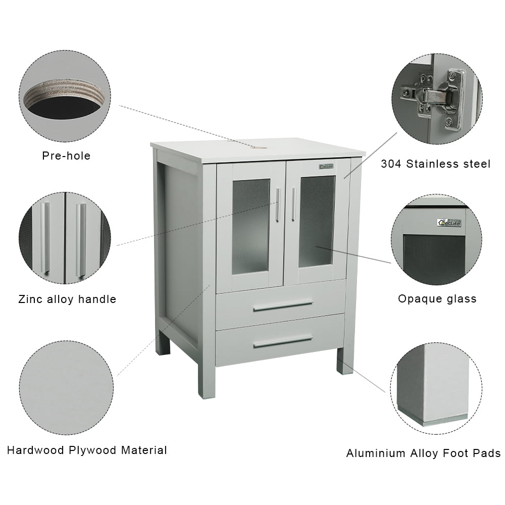 Eclife 24" Gray Bathroom Vanity Set with Wood Top,Green Glass Sink, Water Saving Faucet, Pop up Drain Combo