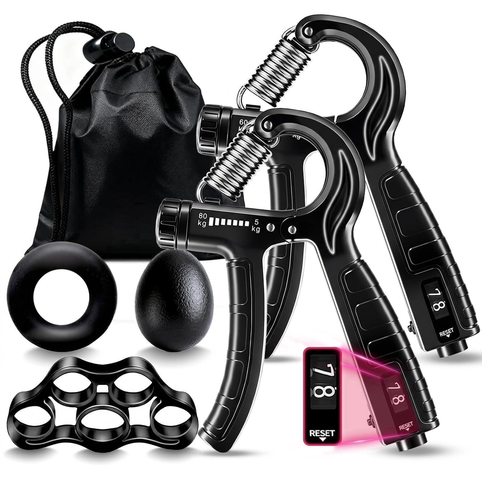 BOGYKIK 5-in-1 Hand Grip Strengthener Kit with Counter, 11-132LBS Adjustable Resistance, Finger Exerciser, Grip Ring & Stress Ball for Forearm, Finger & Wrist Strength Training
