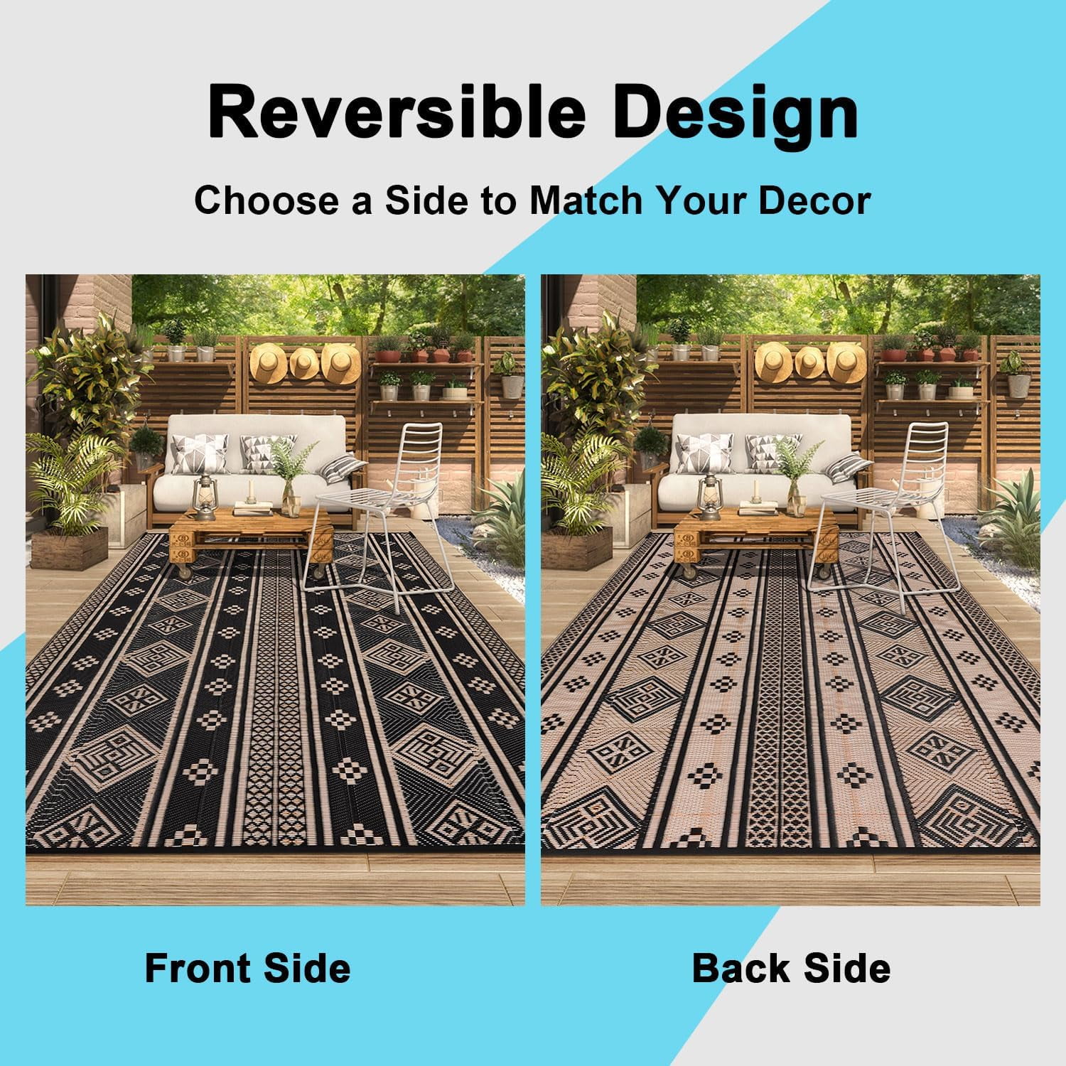 6'x9' Outdoor Rugs, Yamaziot Waterproof Plastic Patio Rug, Reversible Outdoor Mats for RV Camping Picnic Garden Backyard Balcony Porch Beach, Black