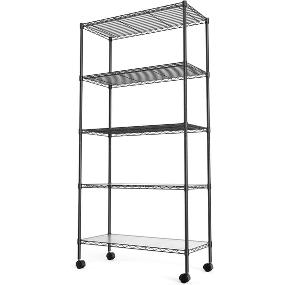 Miniyam NSF Wire Shelving Unit, 5 Tier 750lbs Capacity Storage Adjustable Rack with Wheels for Closet Kitchen, Black