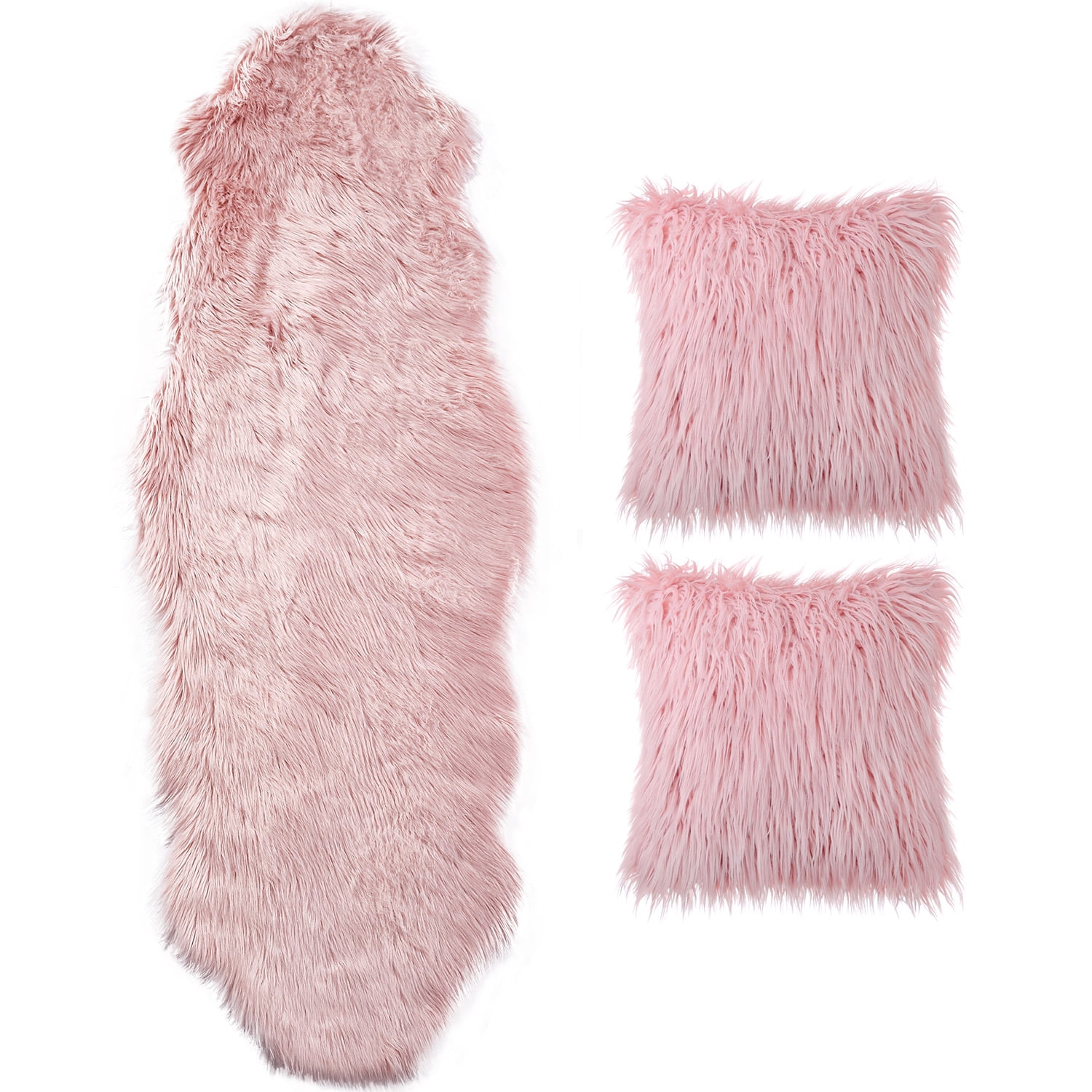 Phantoscope Designer's Choice Faux Fur Decorative Throw Pillow + Area Rug Bundle, 18" x 18"/ 2' x 6', Pink, 2 Pillows + 1 Rug