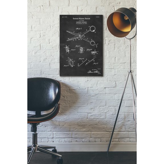 Epic Graffiti "Barber Shears Blueprint Patent Chalkboard" Giclee Canvas Wall Art, 18"x26"