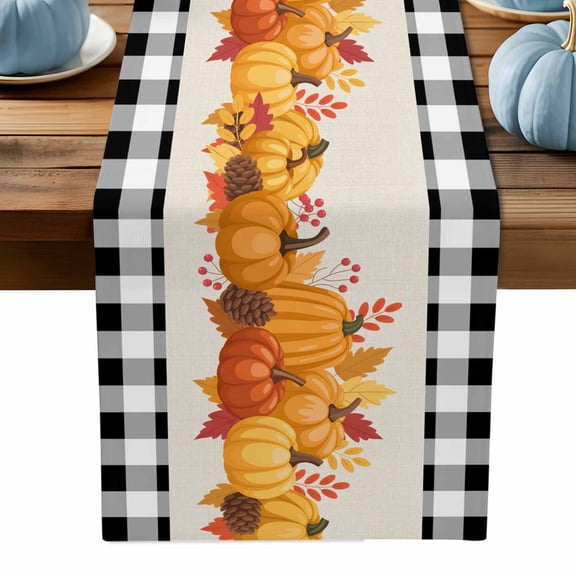 ERUNPONLY Fall Table Runner - 72 Inch Long Orange Pumpkins Thanksgiving Autumn Rustic Leaf Plaid Cotton Linen Blended Dress Scarves Farmhouse Table Runner for Kitchen Dining, Coffee Table, 18" x 72"