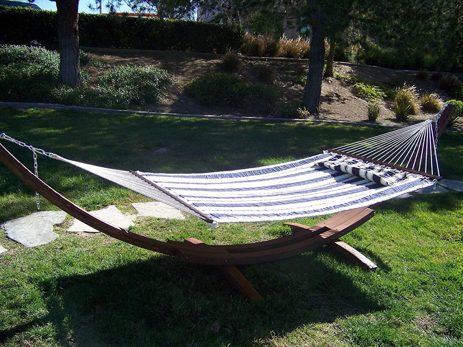 Petra Leisure 14 Ft. Coffee Stain Wooden Arc Hammock Stand + Deluxe Quilted Elegant Blue Stripe, Double Padded Hammock Bed w/Pillow. 2 Person Bed. 450 LB Capacity&nbsp;