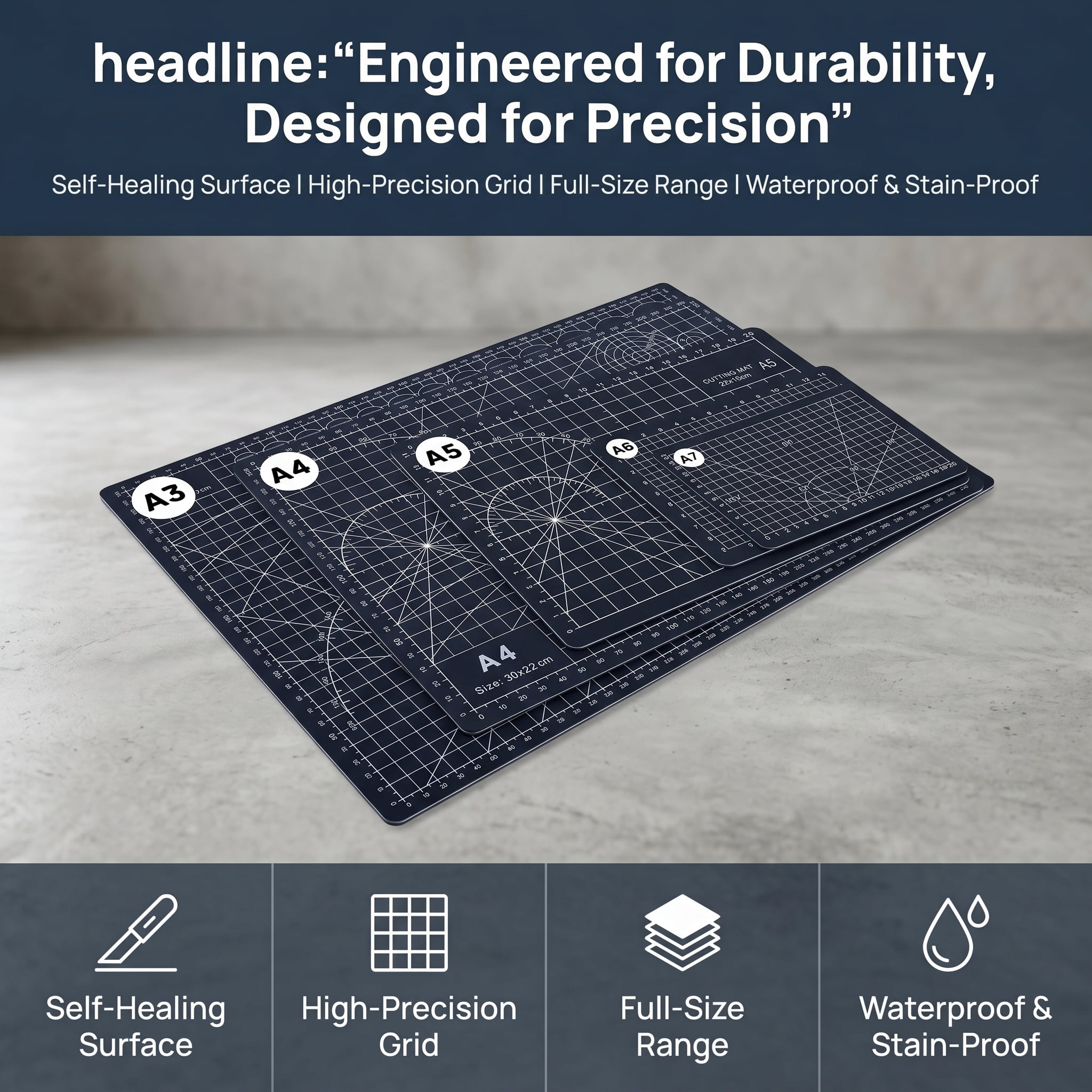 5 Sizes Black Cutting Mats, Self-Healing Cutting Board with Ruler & Angle Guide, Precision Craft Mat for Fabric Cutting, Art Projects, School & Hobby Work