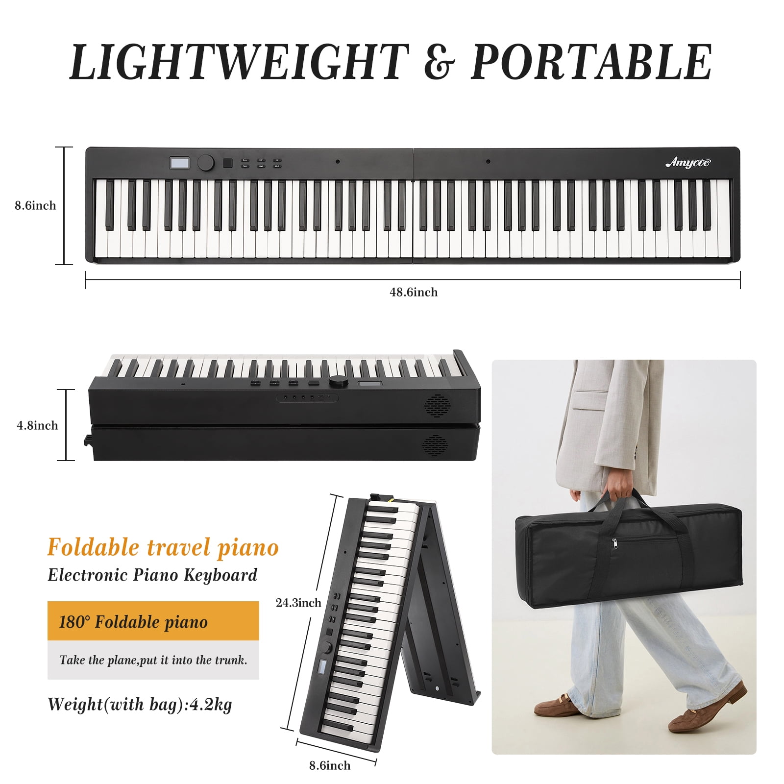 Foldable Piano Keyboard, Portable 88-Key Electronic Piano with Lightweight Design for Travel, Beginners & Students - Digital Music Keyboard with Mini Size & Foldable Feature