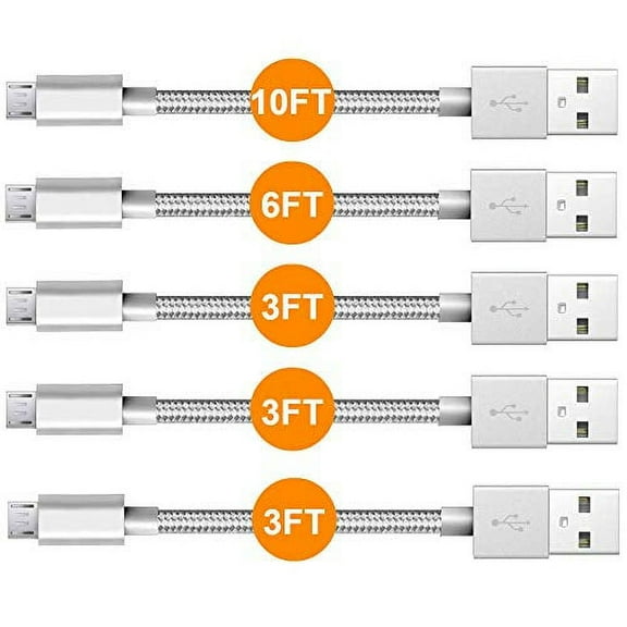 Android Micro USB Charger, 5-Pack Nylon Braided Tangle-Free Fast Charging &Data Transfer Wire (10FT   6FT   3X 3FT)