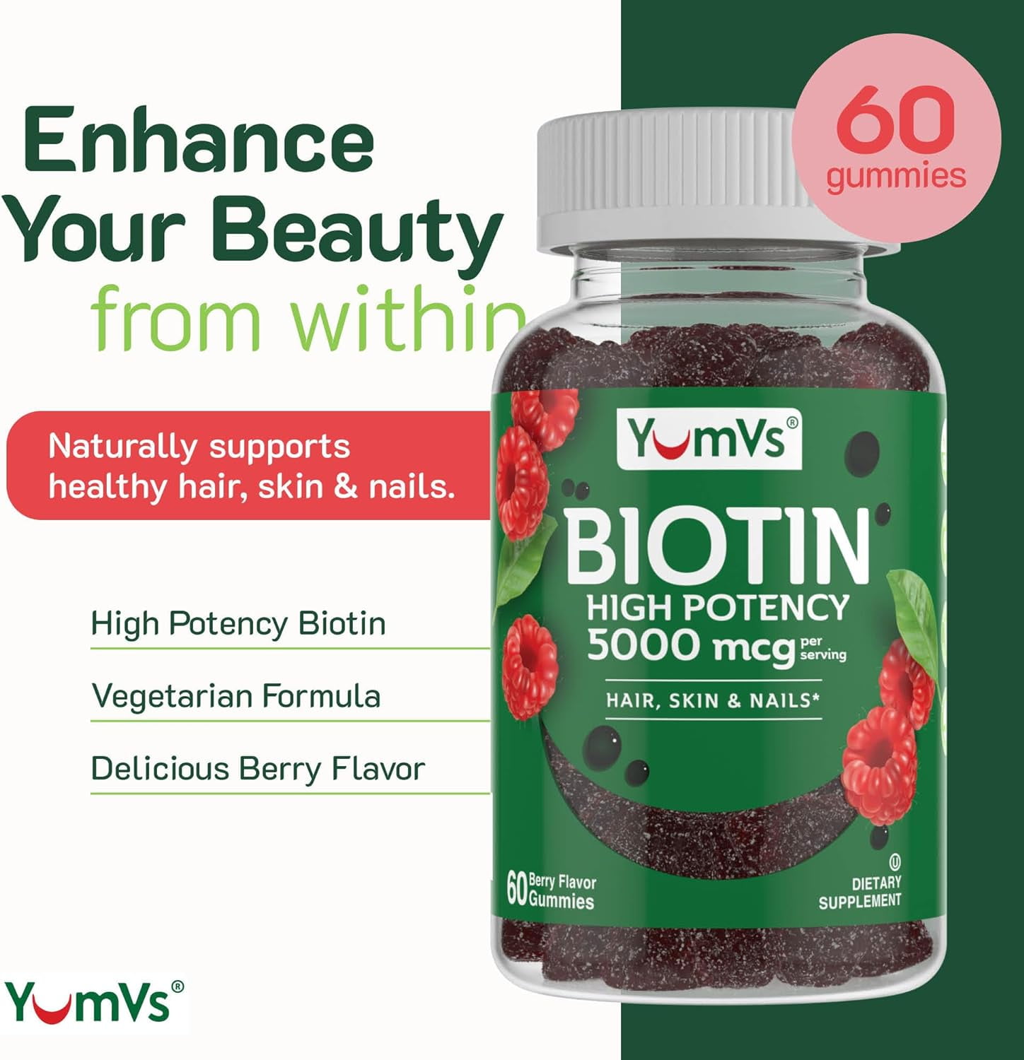 YUM-V's Biotin Gummies for Hair, Skin, and Nails in Luscious Raspberry Flavor, 5000mcg in 2 Gummies at 2500mcg Each, 2-Pack at 60 Pcs/Pack