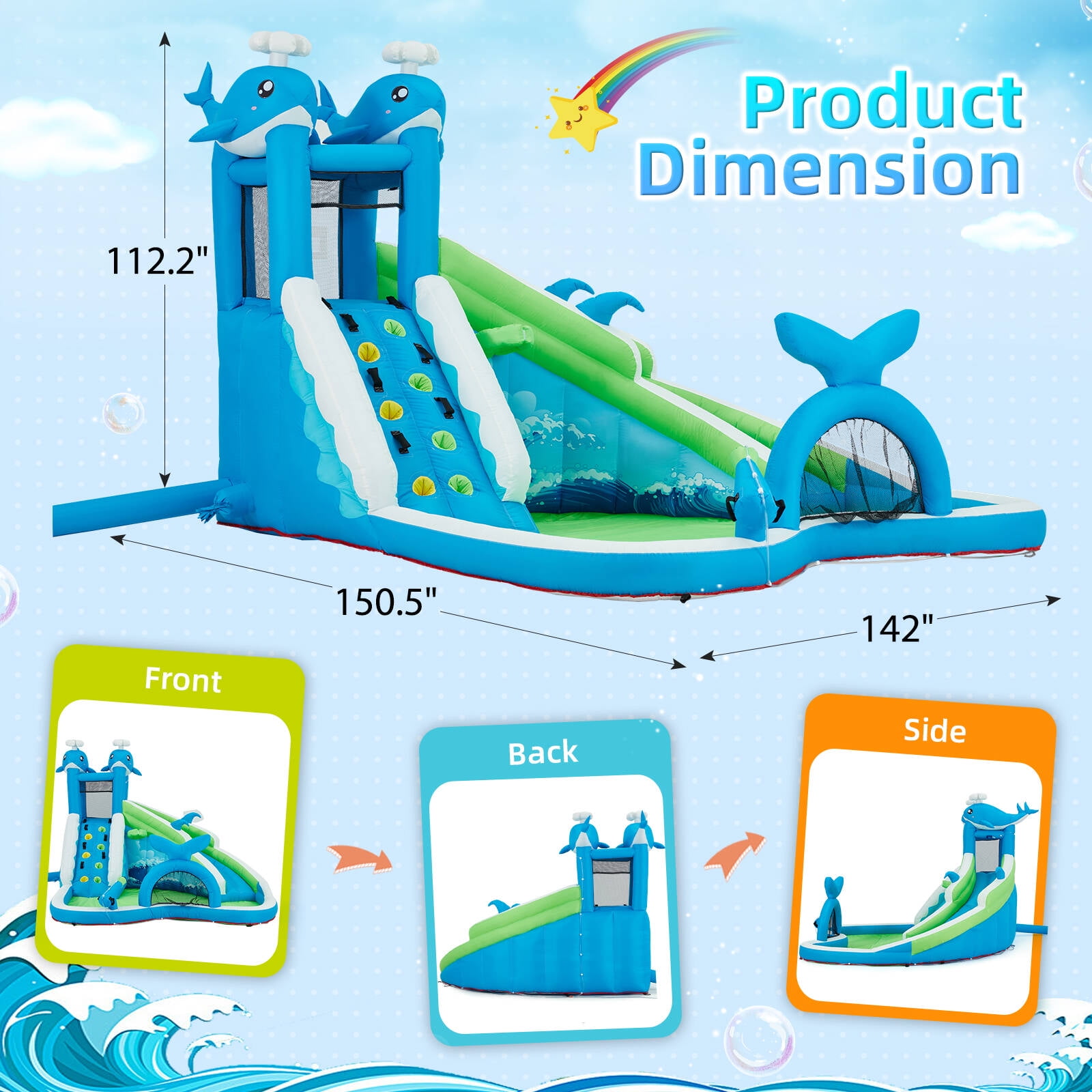 EROMMY Inflatable Water Slide, 6-in-1 Whale Outdoor Bounce House for Kids Aged 3-10 with Water Cannon, Climbing Wall, Basketball Hoop, Soccer Goal, Storage Bag, 480W Blower