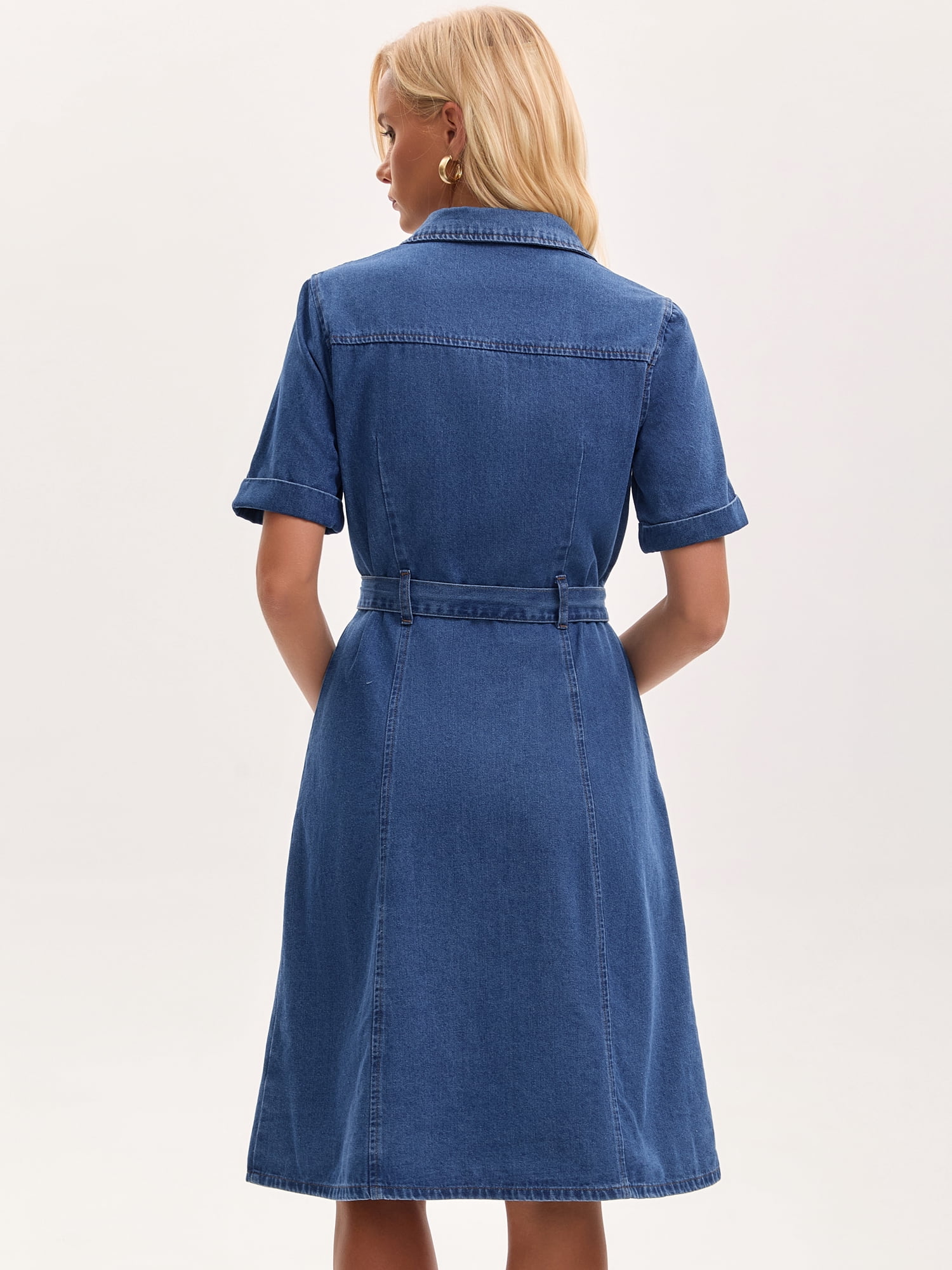 DARING DIVA Women's Denim Button Down Short Sleeve Belted Jean Shirt Dresses S Blue