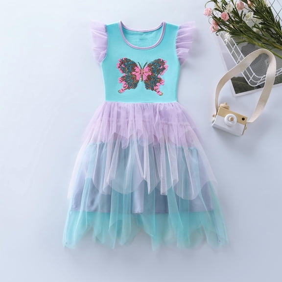 ATOGUTA Girls Summer Dresses Ruffle Summer Dresses Casual Party Tutu Tulle Sundress for Girls Sky Blue, Size 3-8 Years