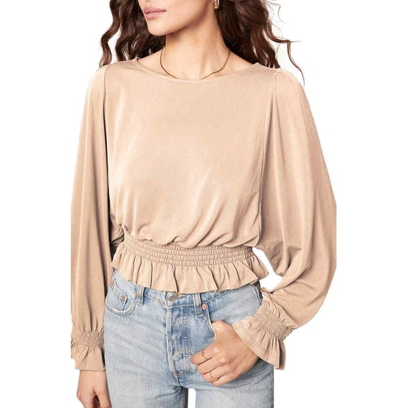 BB Dakota Sleeve To Believe Smocked Top Womens light brown Size L MSRP $59
