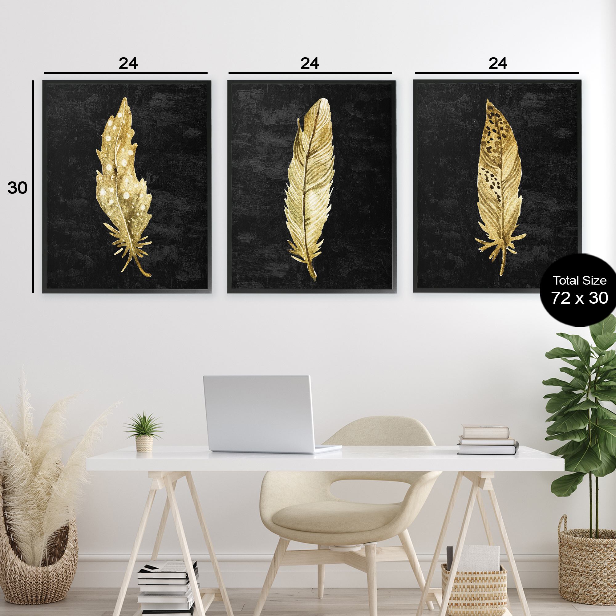 Black & Gold Feathers 3 Piece Black Framed Giclee Art Set, design by Kim Allen