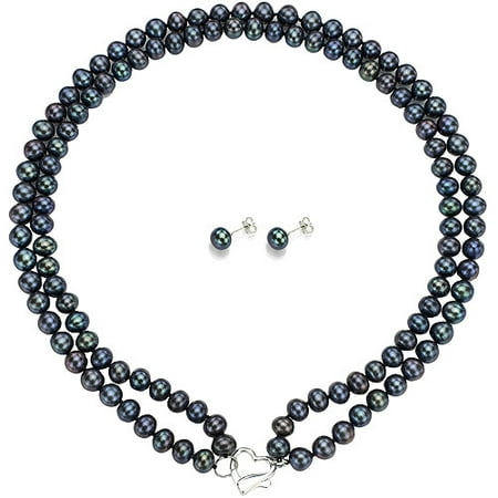 Double Row 6-7mm Black Freshwater Pearl Heart-Shape Sterling Silver Clasp Necklace (18) with Bonus Pearl Stud Earrings